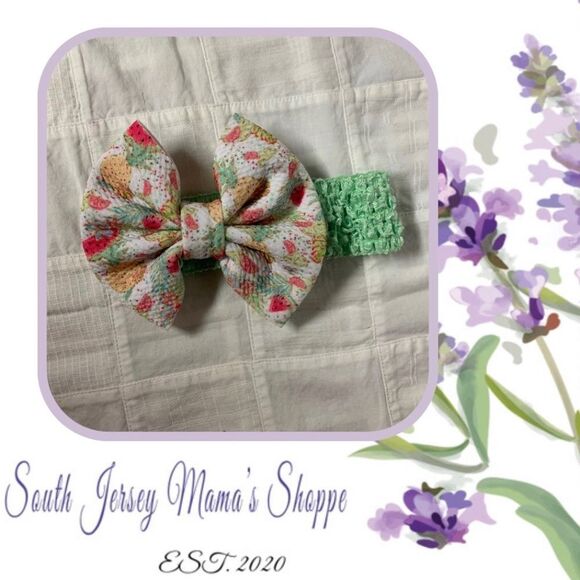 Infant Headband Mint Green Band White Watermelon PineapplesBow Size Preemie B298 - Picture 1 of 9